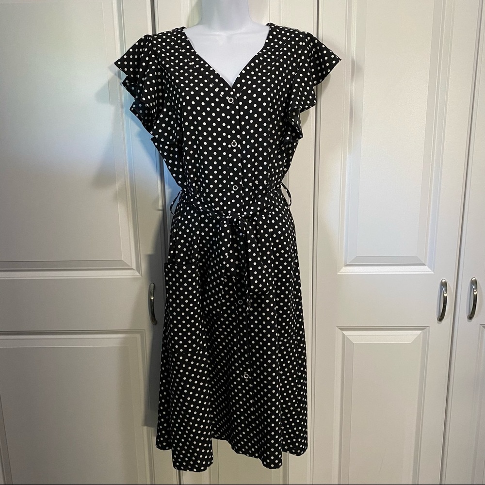 Black and white polka dot button dress
